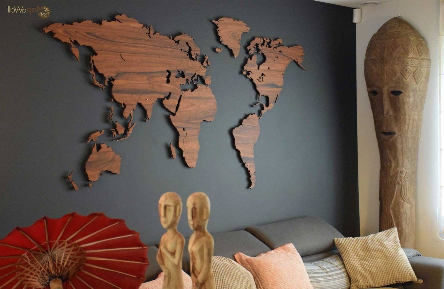 Mapawall Wooden World Map Palisander With Country Borders Pertaining Pertaining To Most Recently Released World Map For Wall Art (View 13 of 20)