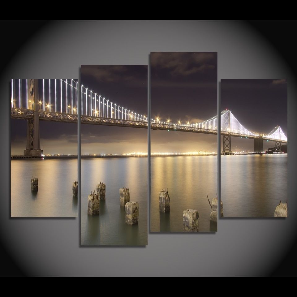Most Current San Francisco Wall Art Pertaining To 4 Pcs/set Framed Hd Printed San Francisco Bridge Night Picture Wall (View 1 of 20)