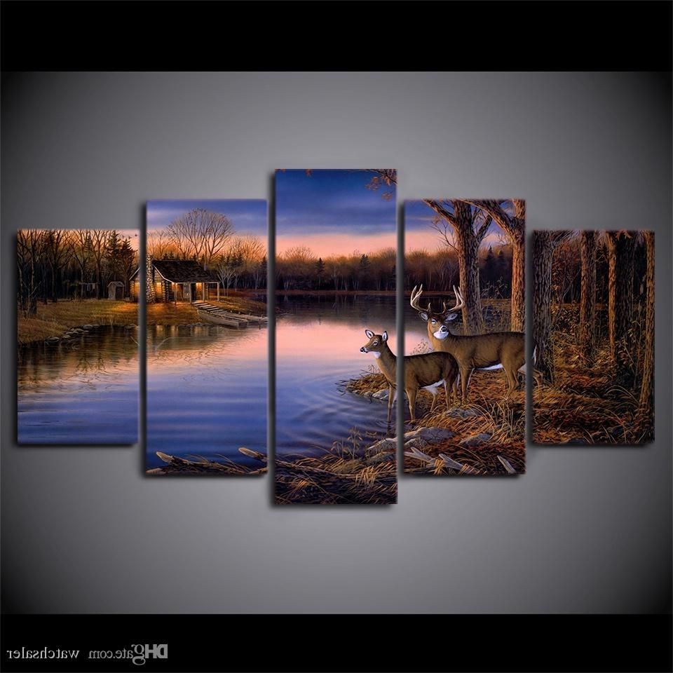 Most Recent Nature Wall Art For Best Hd Printed Canvas Art Deer Lake Landscape Sunset Painting (View 14 of 20)
