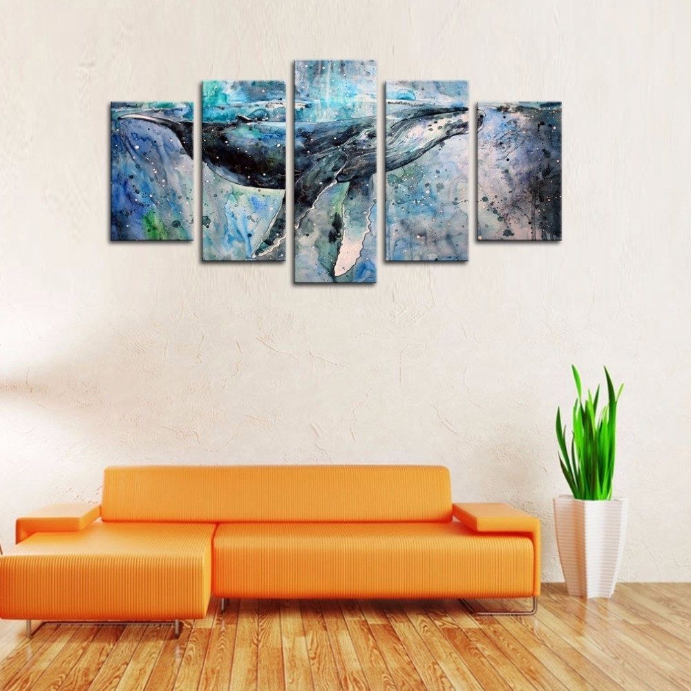 Most Recently Released Whale Canvas Wall Art Pertaining To 5 Panels Abstract Blue Whale Picture Canvas Prints Modern Wall Art (View 8 of 20)