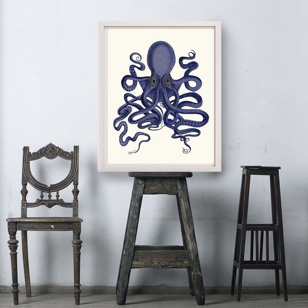 Octopus Print Blue 9  Octopus Wall Art Octopus Poster Octopus For Well Known Octopus Wall Art (View 4 of 20)