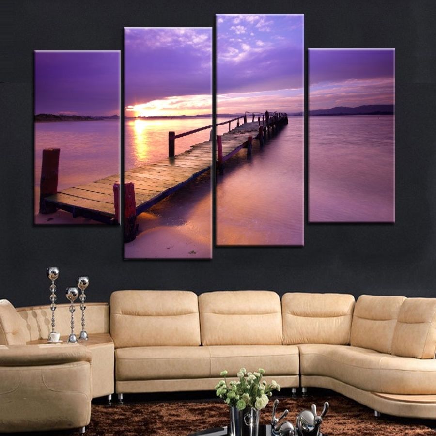 Popular Wall Art Throughout Well Known 4 Pieces Popular Warm Purple Modern Wall Painting Beach Sunset Sea (Photo 8 of 20)