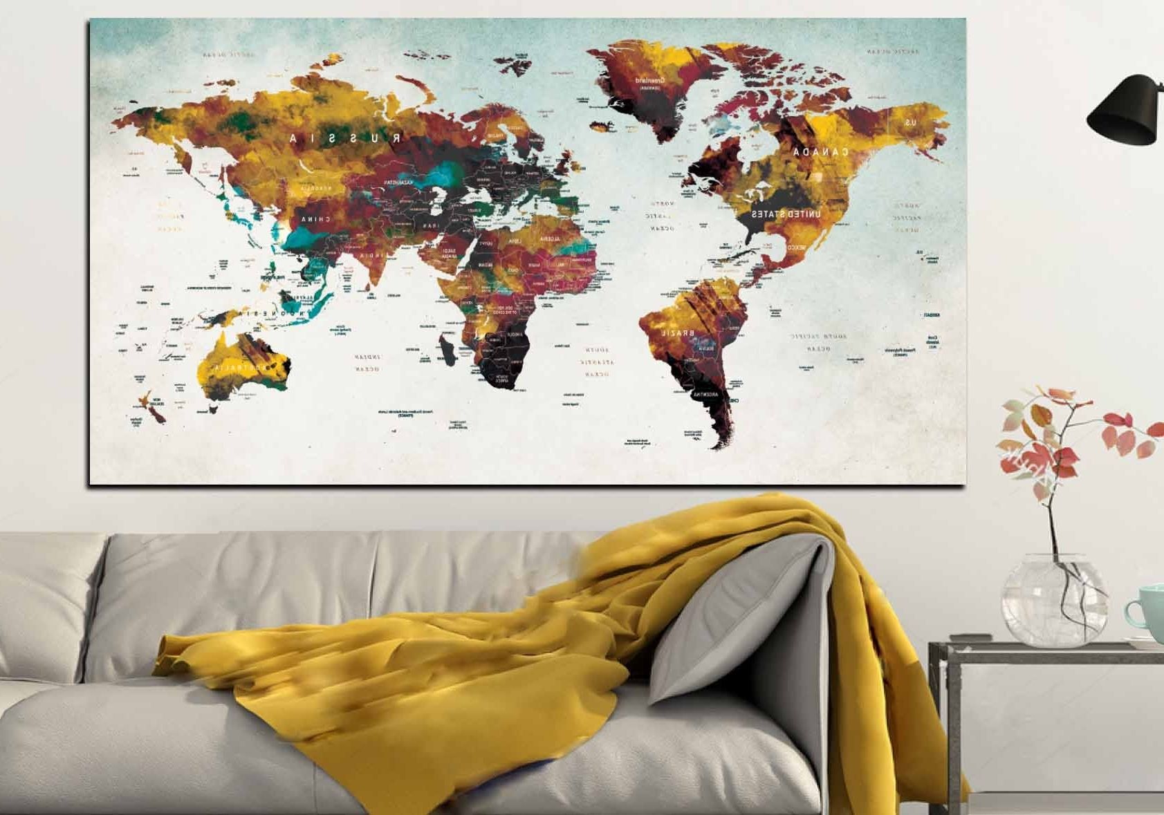 Preferred World Map Wall Art,large World Map,push Pin Map,travel Map,large Regarding Wall Art Map Of World (View 11 of 20)