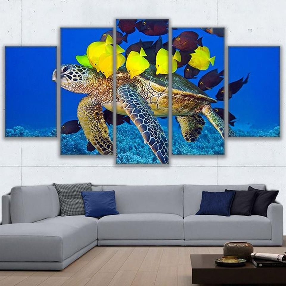 Sea Turtle Canvas Wall Art For Newest Modular Canvas Hd Print Poster Wall Art 5 Panels Fishes And Turtle (View 19 of 20)