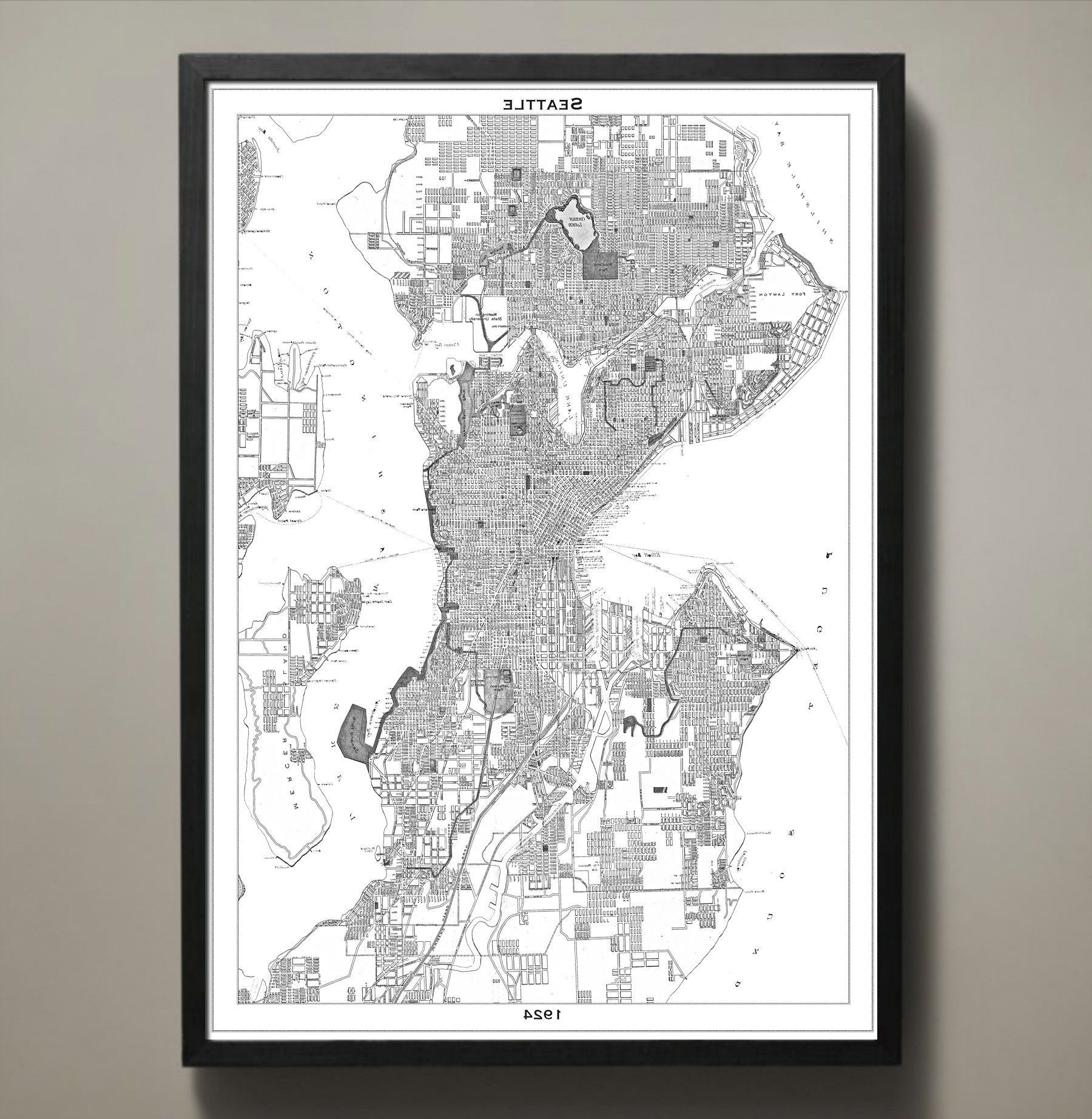 Seattle Map Wall Art Throughout Current Map Print, Seattle (Photo 1 of 20)