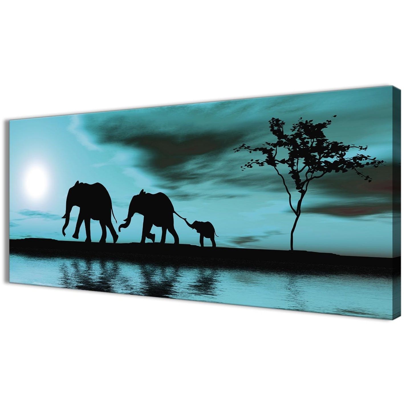 Teal African Sunset Elephants Canvas Wall Art Print – Modern 120cm Inside Favorite Teal Wall Art (View 3 of 15)