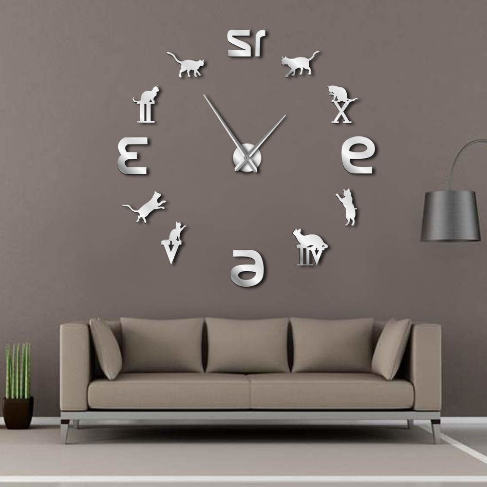 Well Known Roman Arabic Numerals Mixed Diy Large Wall Clock Kitty Cat Inside Giant Wall Art (View 6 of 20)