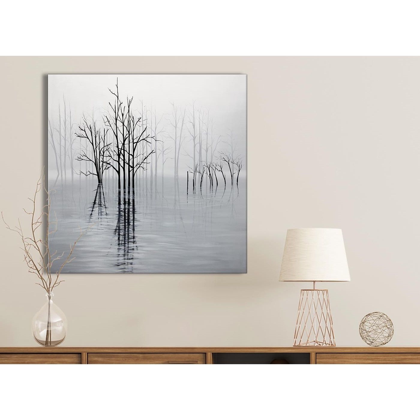 Widely Used Black White Grey Tree Landscape Painting Kitchen Canvas Wall Art Throughout Grey And White Wall Art (View 5 of 20)