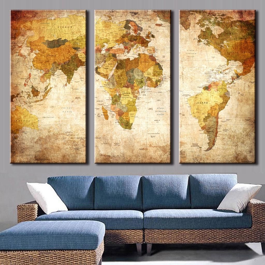 World Map Wall Art Canvas Regarding Famous 3 Pcs/set Vintage Painting Framed Canvas Wall Art Picture Classic (View 11 of 20)