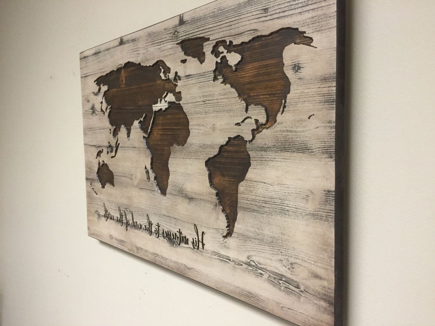 World Map Wall Art, Spiritual, Vintage Carved Wood Map, His Witness In Popular Wood Map Wall Art (View 4 of 20)
