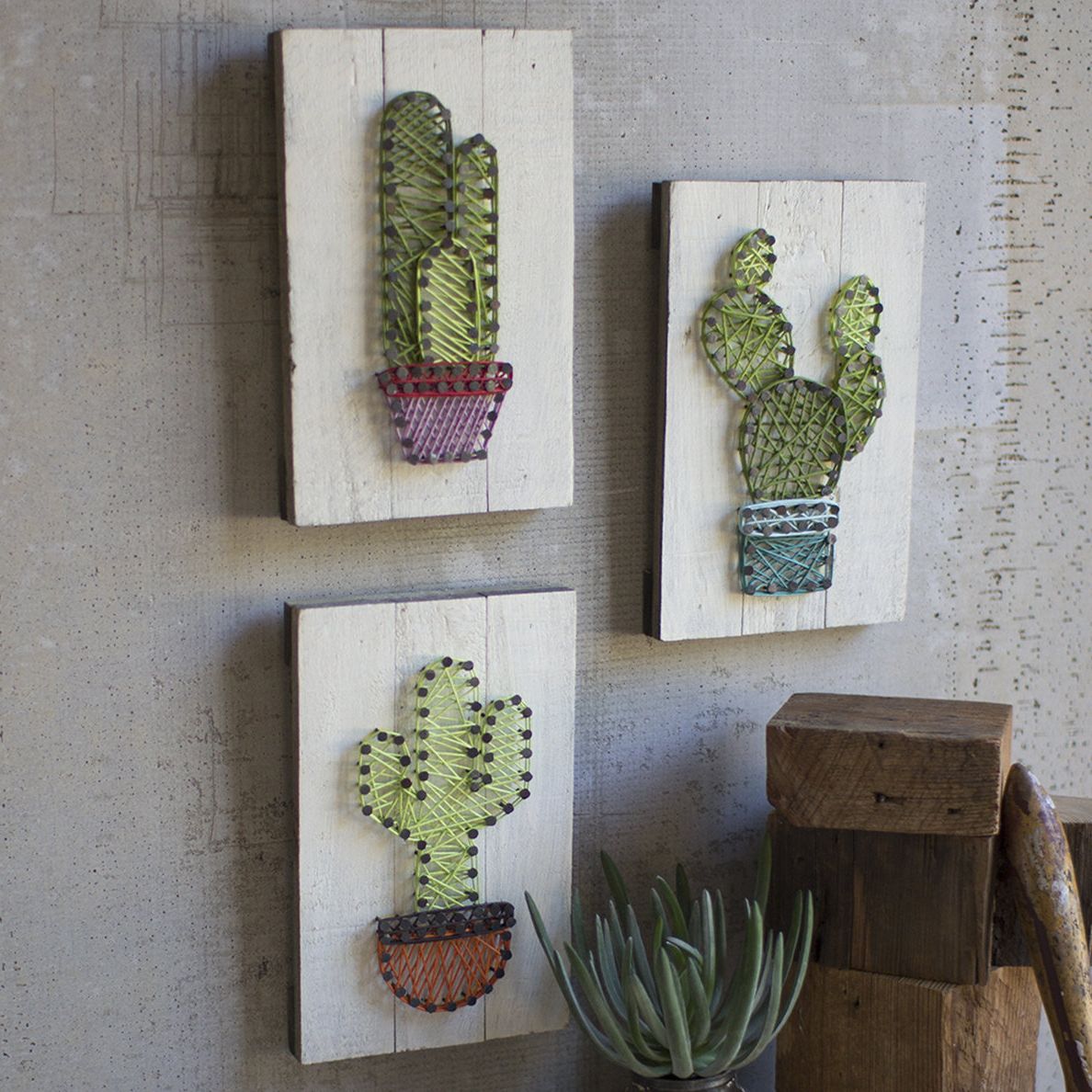 3 Piece Cactus String Art On Wooden Plaques Wall Décor Set (View 19 of 20)