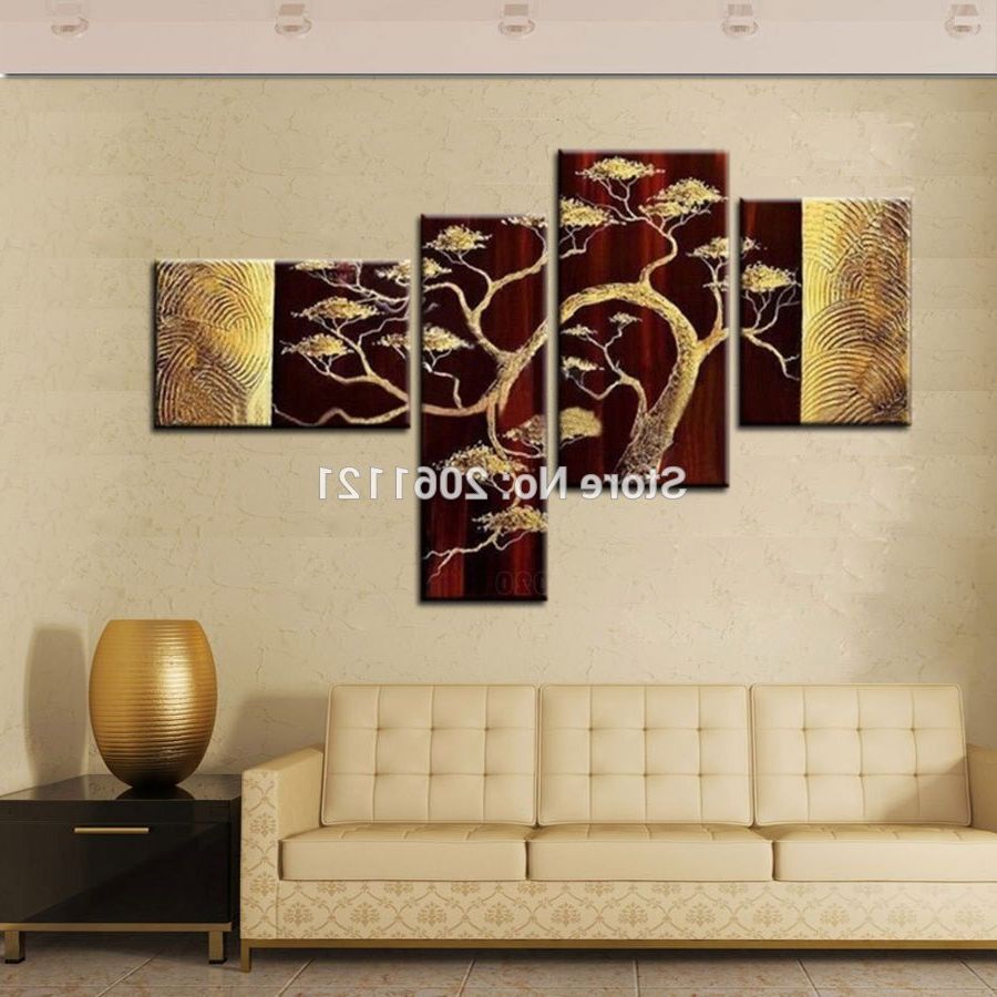4 Piece Wall Decor Sets Within Widely Used Hand Painted 4 Piece Sets Modern Abstract Golden Brown Oil Painting (View 1 of 20)