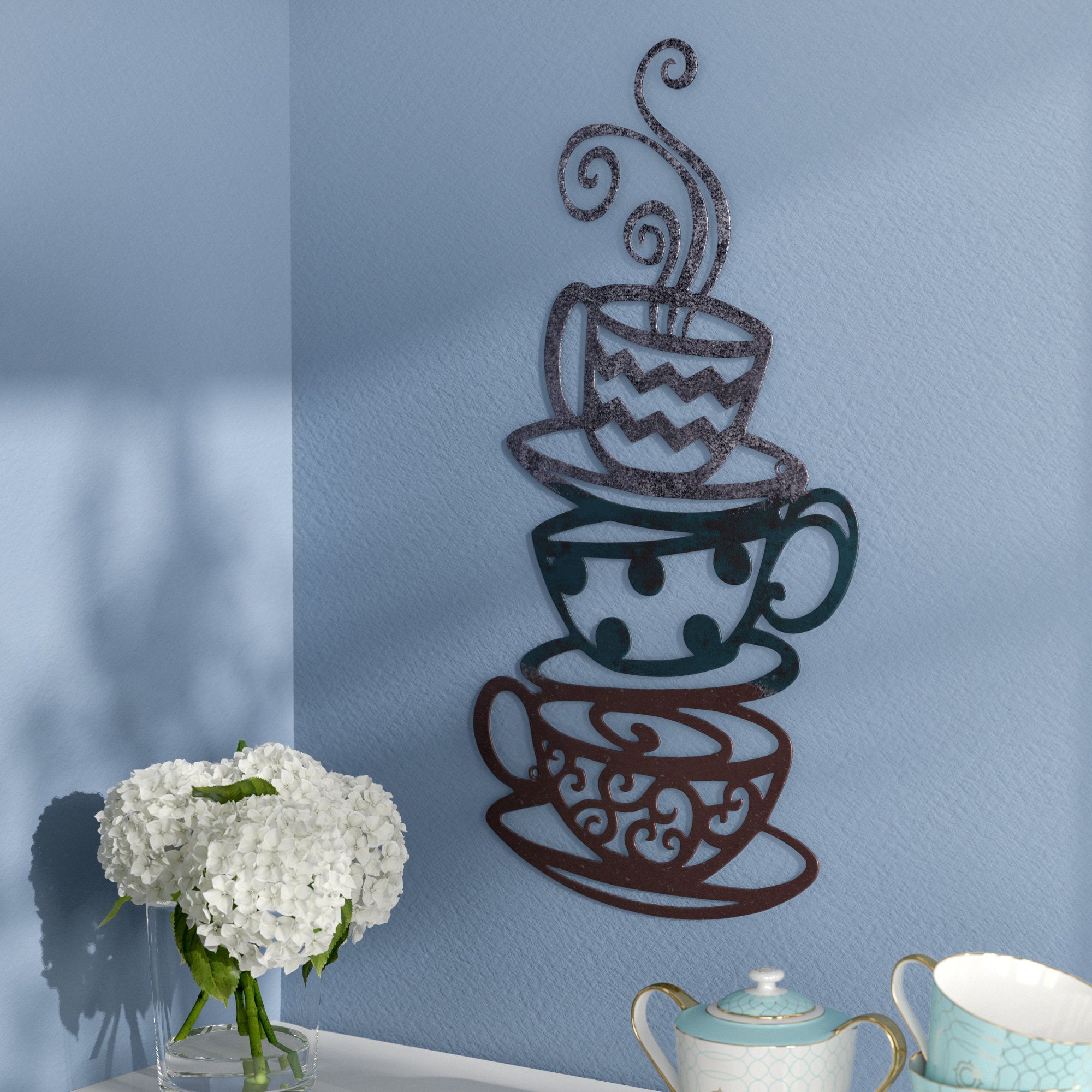 Decorative Three Stacked Coffee Tea Cups Iron Widget Wall Decor Intended For Well Liked Winston Porter Decorative Three Stacked Coffee Tea Cups Iron Widget (View 1 of 20)