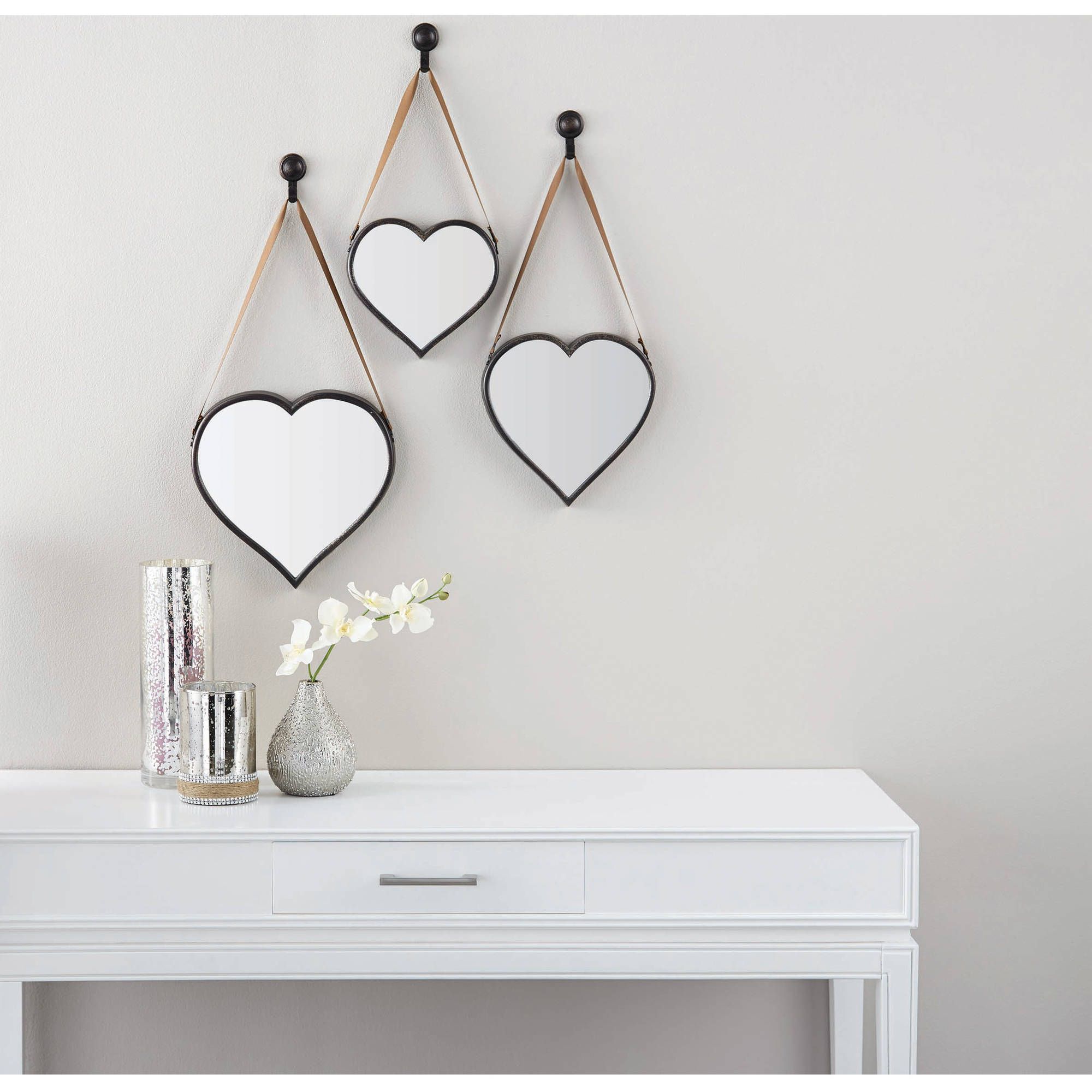Mainstays 3 Piece Heart Mirror Set – Walmart Intended For Most Recently Released 2 Piece Heart Shaped Fan Wall Decor Sets (View 1 of 20)