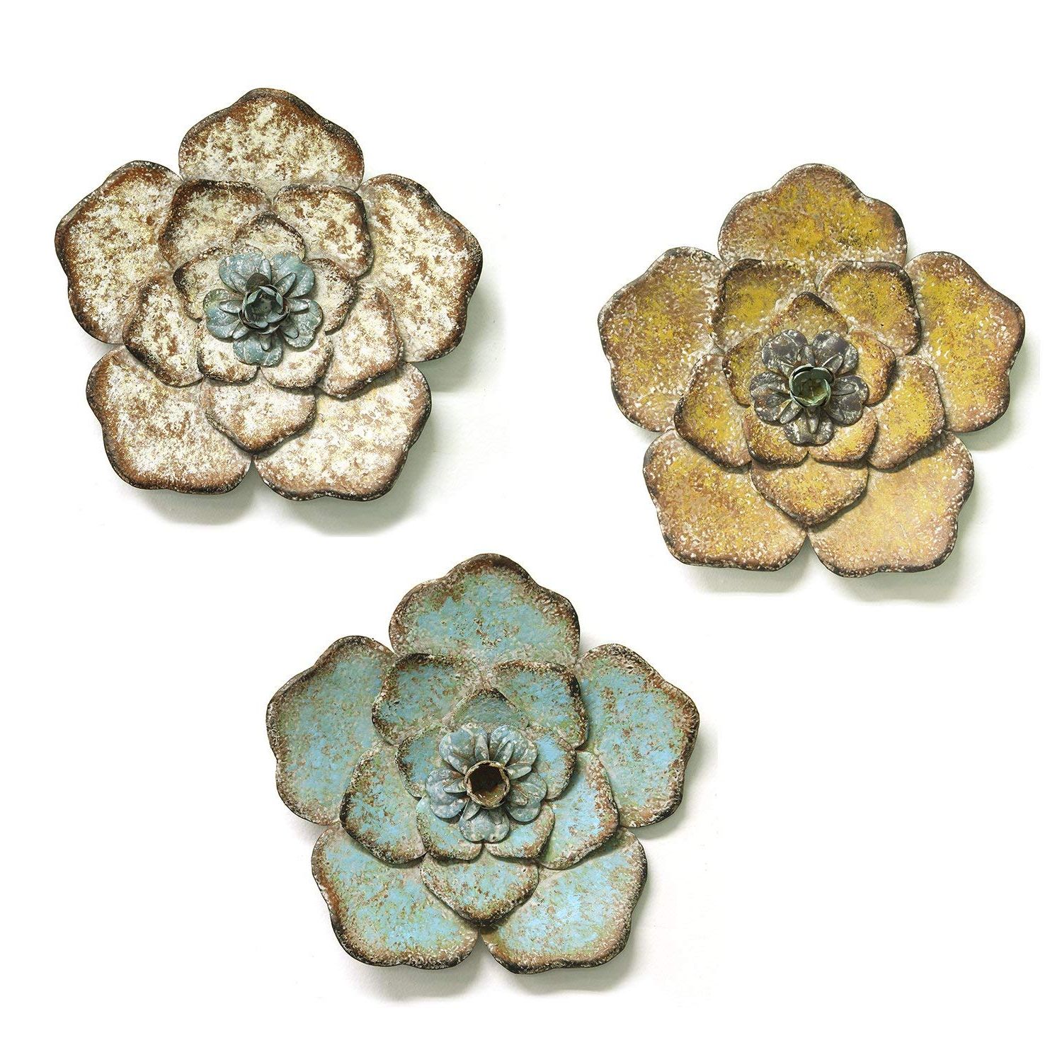 Most Current Metal Flower Wall Decor (set Of 3) Pertaining To Amazon: Stratton Home Decor Set Of 3 Rustic Flower Wall Decor (View 6 of 20)