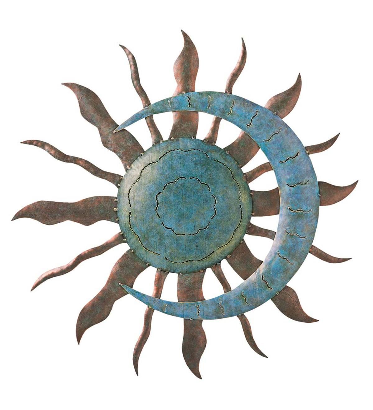 Recycled Moon And Sun Wall Decor Throughout Newest Handcrafted Blue And Copper Colored Recycled Metal Moon And Sun Wall (View 1 of 20)
