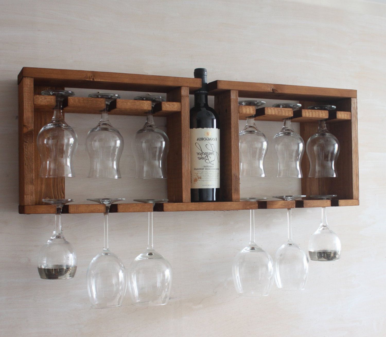 Three Glass Holder Wall Decor Inside Latest Wooden Glass Shelf Wine Glass Rack Brown Shelf Kitchen (View 13 of 20)