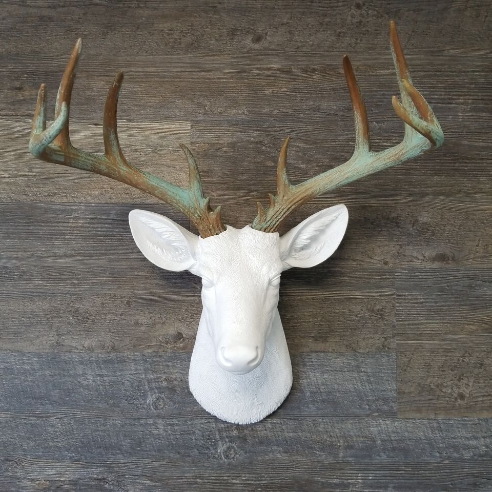 2020 Large Deer Head –faux Taxidermy – White And Patina Stag Wall Mount In Large Deer Head Faux Taxidermy Wall Decor (View 7 of 20)