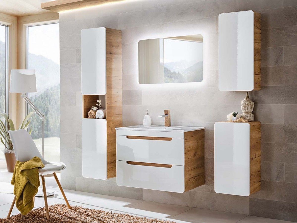 Arruba 80 With A Wall Mirror Bathroom Set 6 Pcs. Type 2 In White High Gloss  / Oak Gold With Widely Used Wall Mirror For Bathroom (Photo 13 of 20)