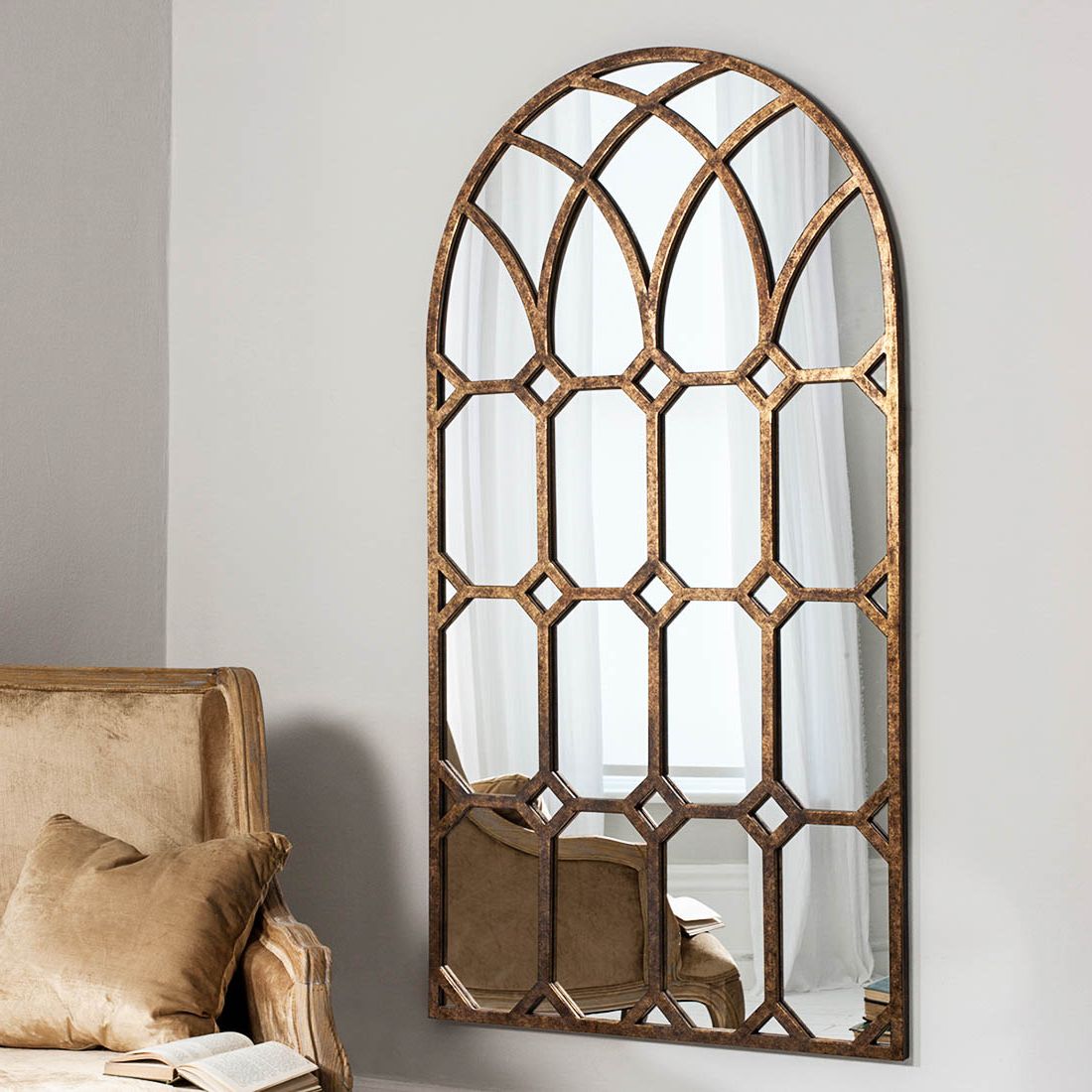 Bronze Gothic Arched Window Wall Mirror Inside Favorite Arched Wall Mirrors (View 12 of 20)