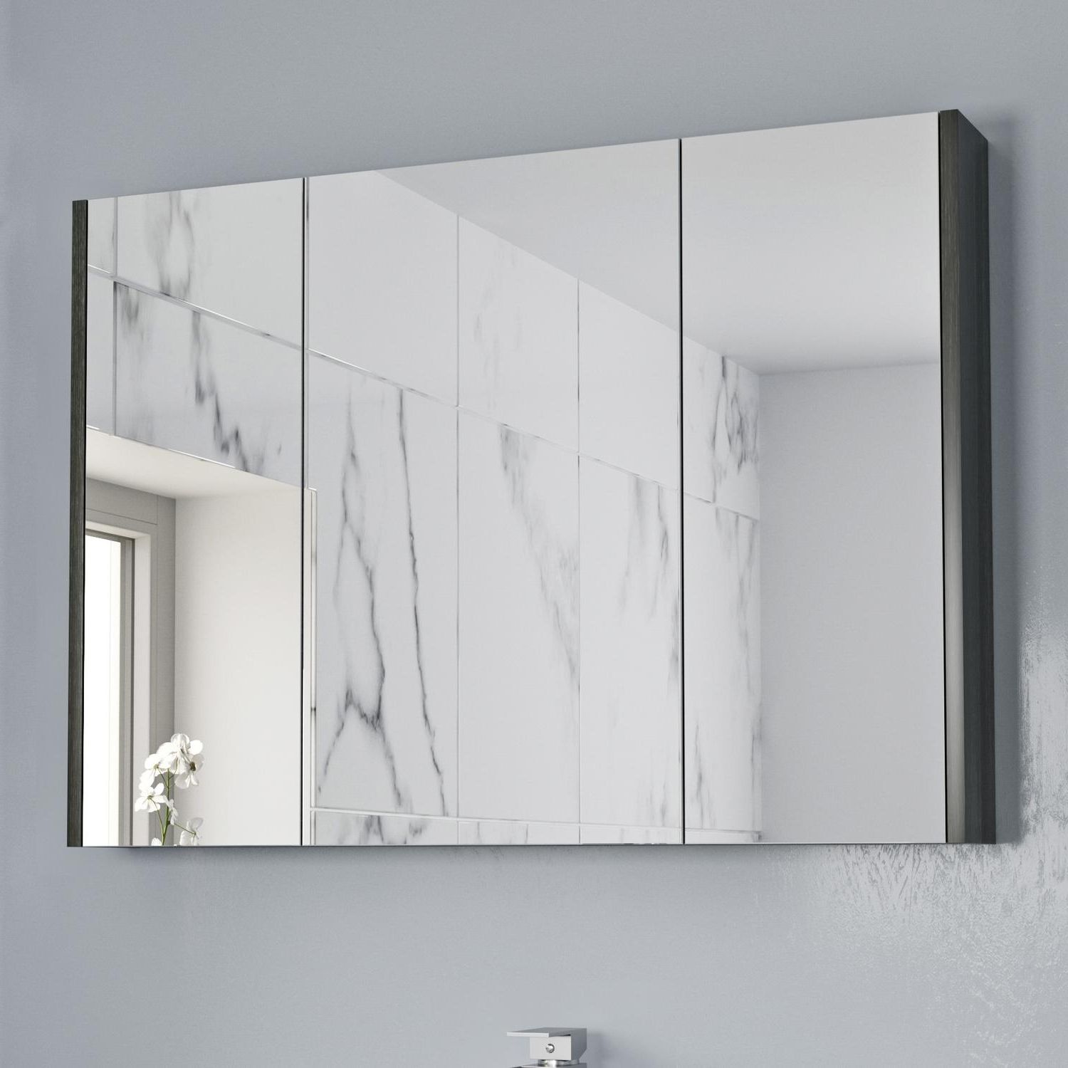 Details About 900mm Bathroom Mirror Cabinet 3 Door Storage Cupboard Wall  Mounted Charcoal Grey Pertaining To Famous Wall Mirrors With Storages (View 16 of 20)