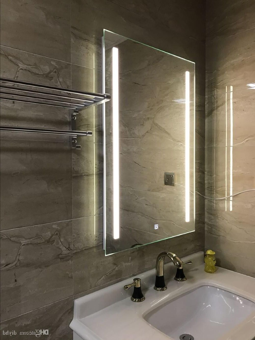 Fashionable Lighted Wall Mirrors Regarding Diyhd Wall Mount Led Backlit Lighted Bathroom Mirror Vanity Defogger 2  Vertical Lights Rectangular Touch Light Mirror Framed Bathroom Mirrors  Framed (View 13 of 20)