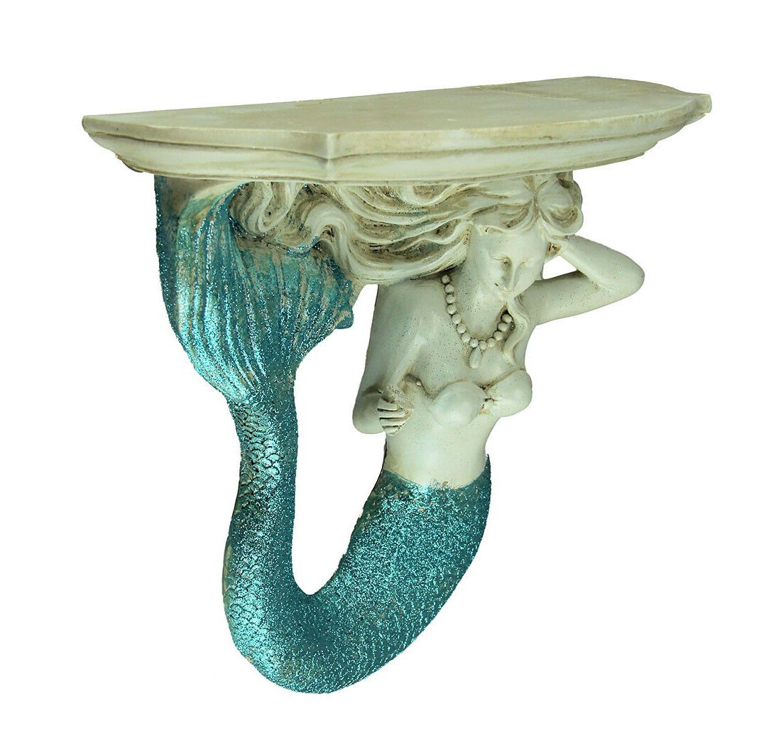 Fashionable Mermaid Wall Mirrors With Glittery Coastal Blue And White Mermaid Wall Mounted Corbel / Shelf (View 7 of 20)