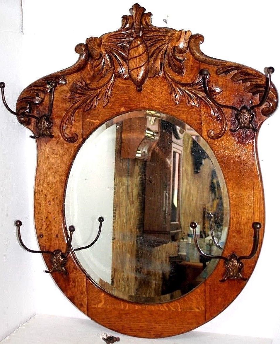 Favorite Antique 19th C. Carved Oak Wall Mount Hat & Coat Rack W/ Beveled Regarding Coat Rack Wall Mirrors (Photo 9 of 20)