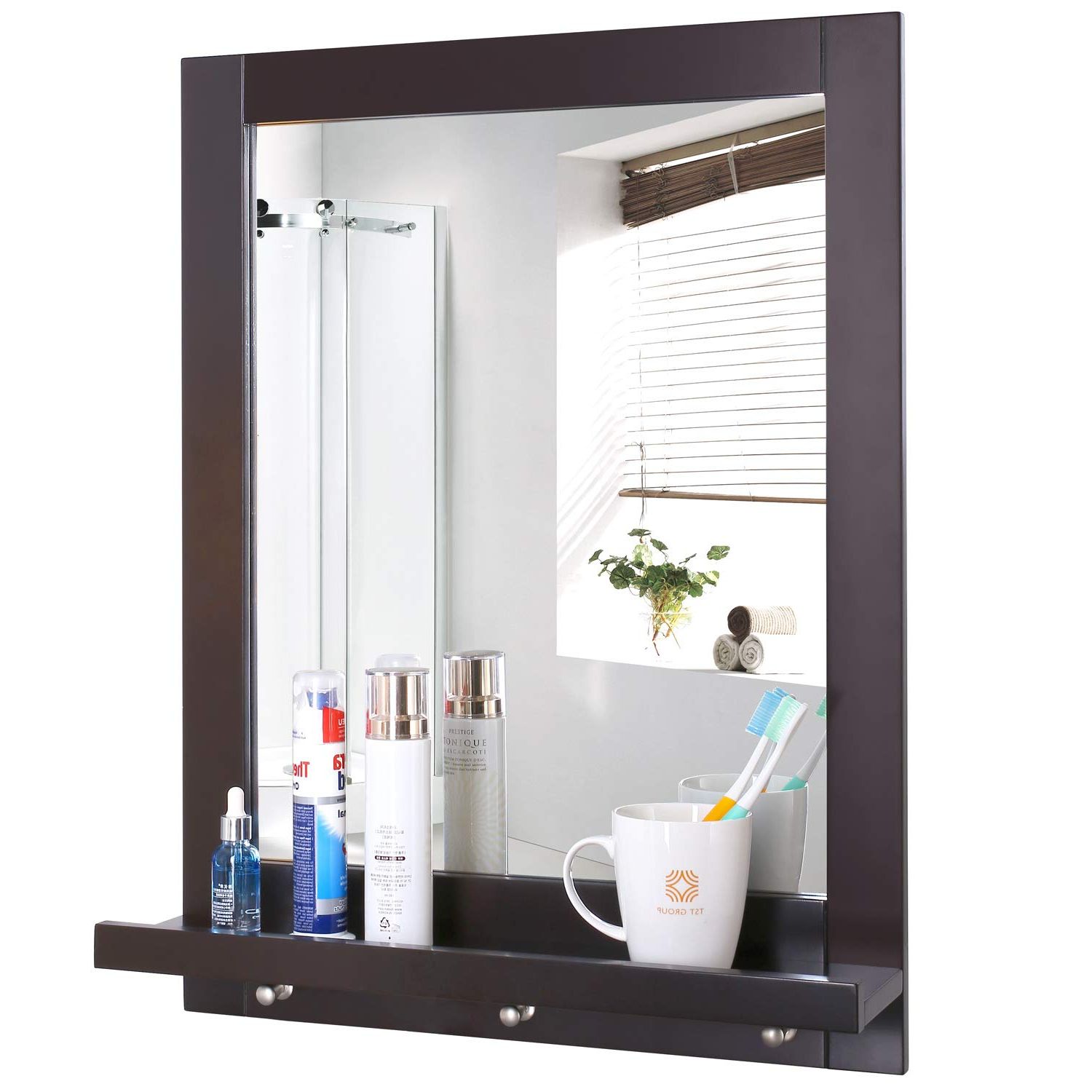 Framing Bathroom Wall Mirrors Intended For Best And Newest Homfa Bathroom Wall Mirror Vanity Mirror Makeup Mirror Framed Mirror With  Shelf And 3 Hanging Hooks Multipurpose For Home, Dark Brown (View 19 of 20)