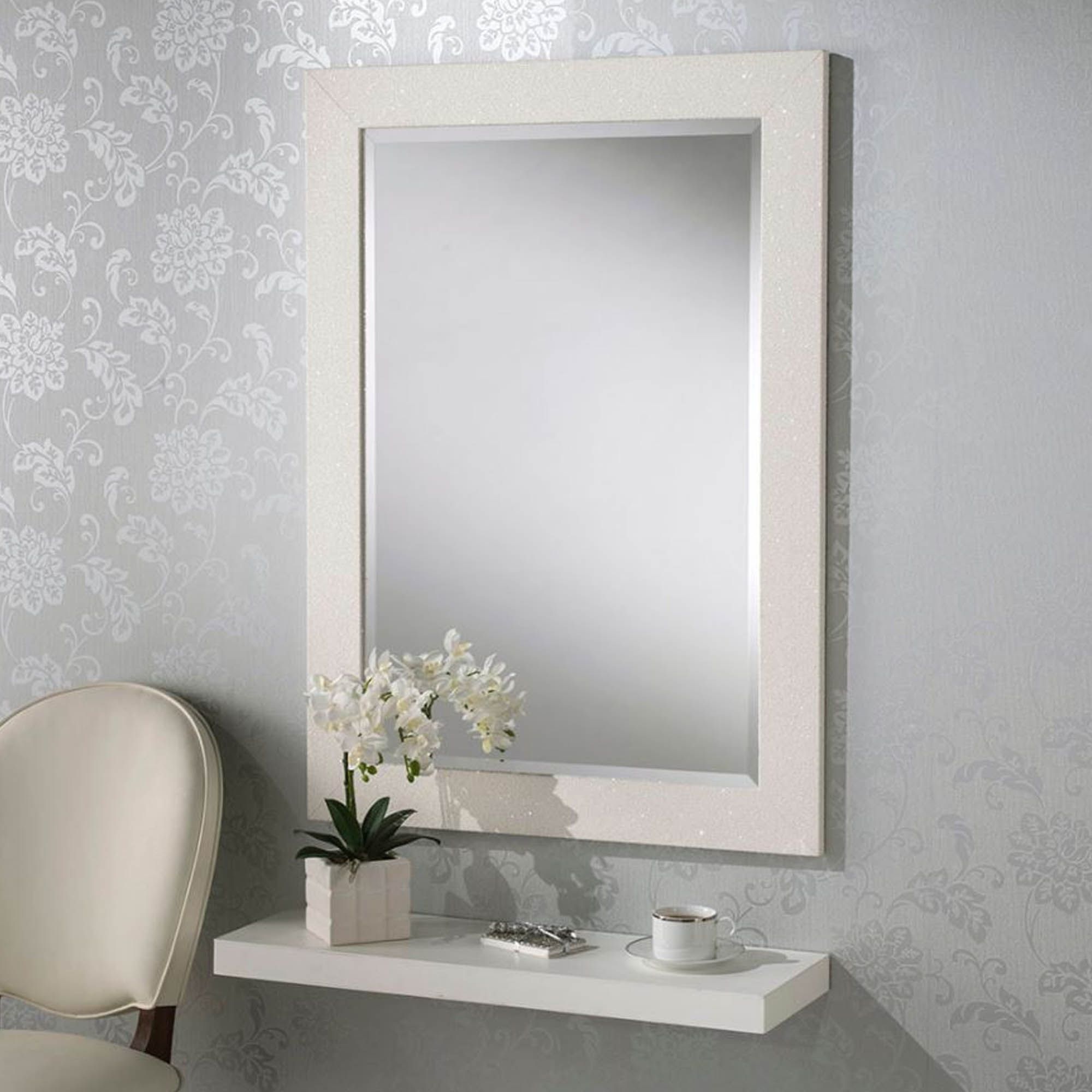 Glitter Wall Mirrors Pertaining To Widely Used White Glitter Rectangular Wall Mirror (View 6 of 20)