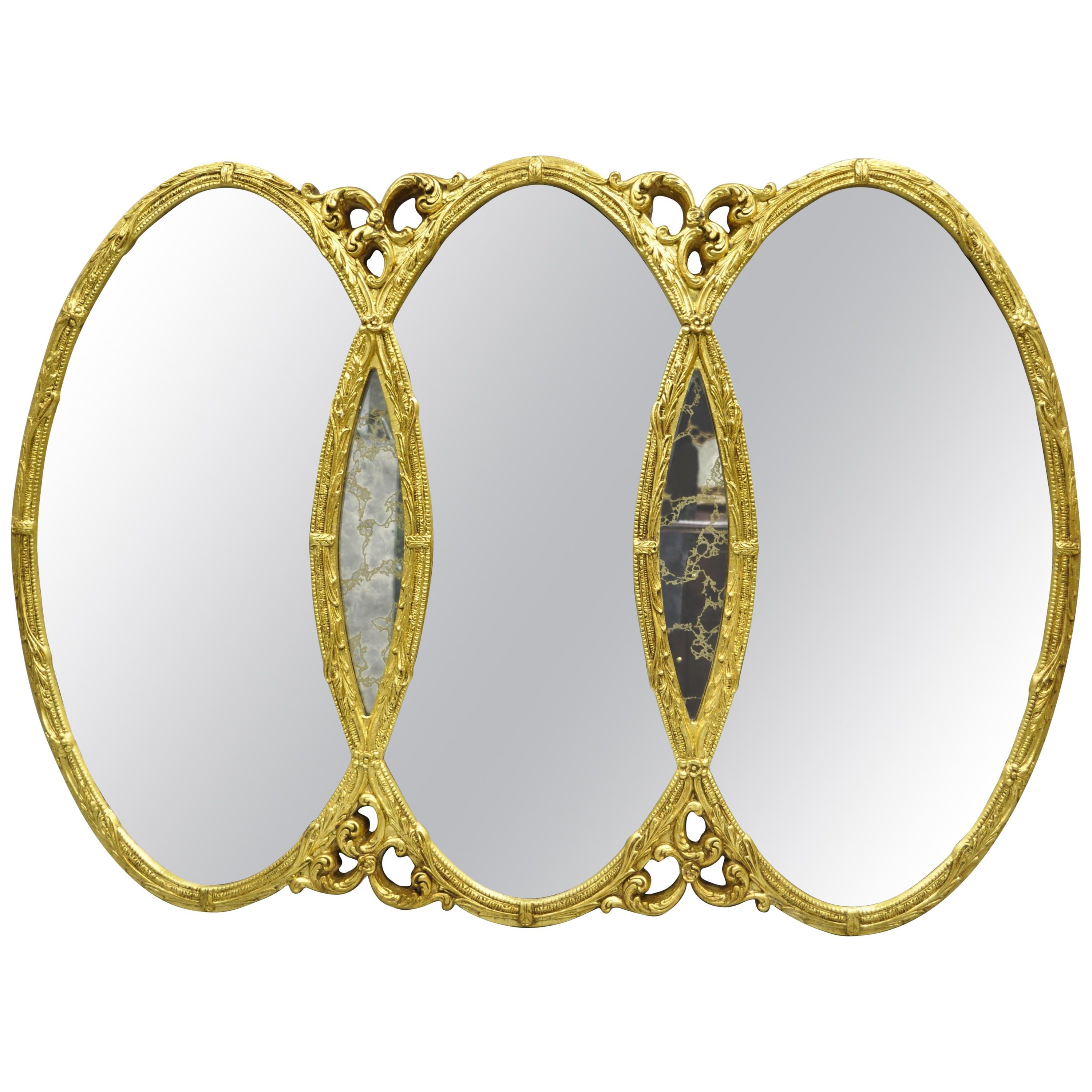Gold French Hollywood Regency Triptych Triple Interlocking Oval Wall Mirror Throughout Newest Triple Wall Mirrors (View 12 of 20)