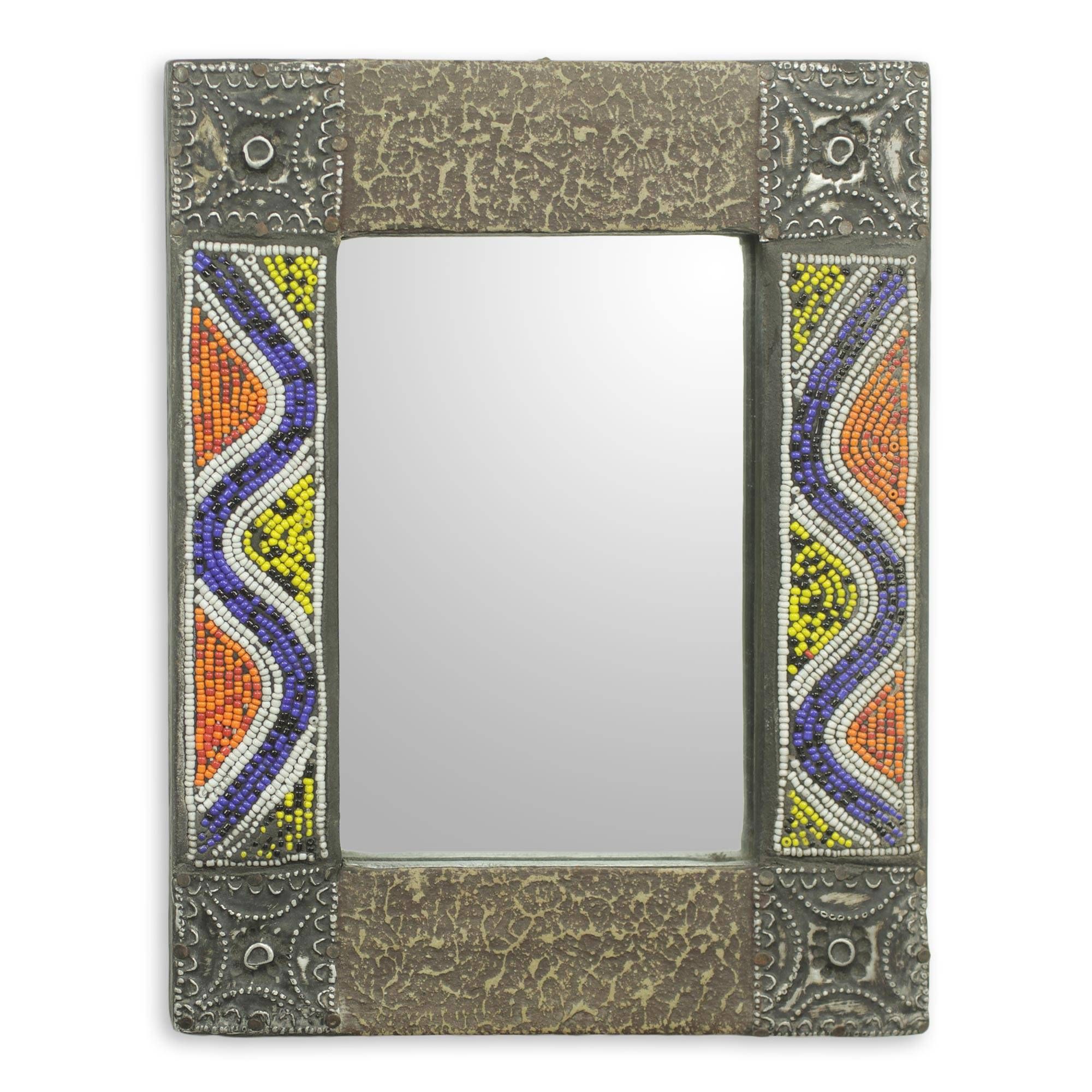 Hand Beaded Wood Wall Mirror With Metal Accents, 'ahoufe I' For Famous Beaded Accent Wall Mirrors (View 18 of 20)