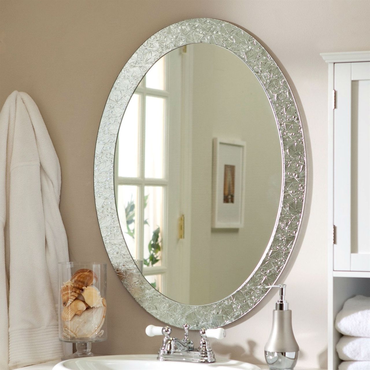 Home Goods Wall Mirrors Within Fashionable Oval Frame Less Bathroom Vanity Wall Mirror Elegant Crystal Border (View 20 of 20)