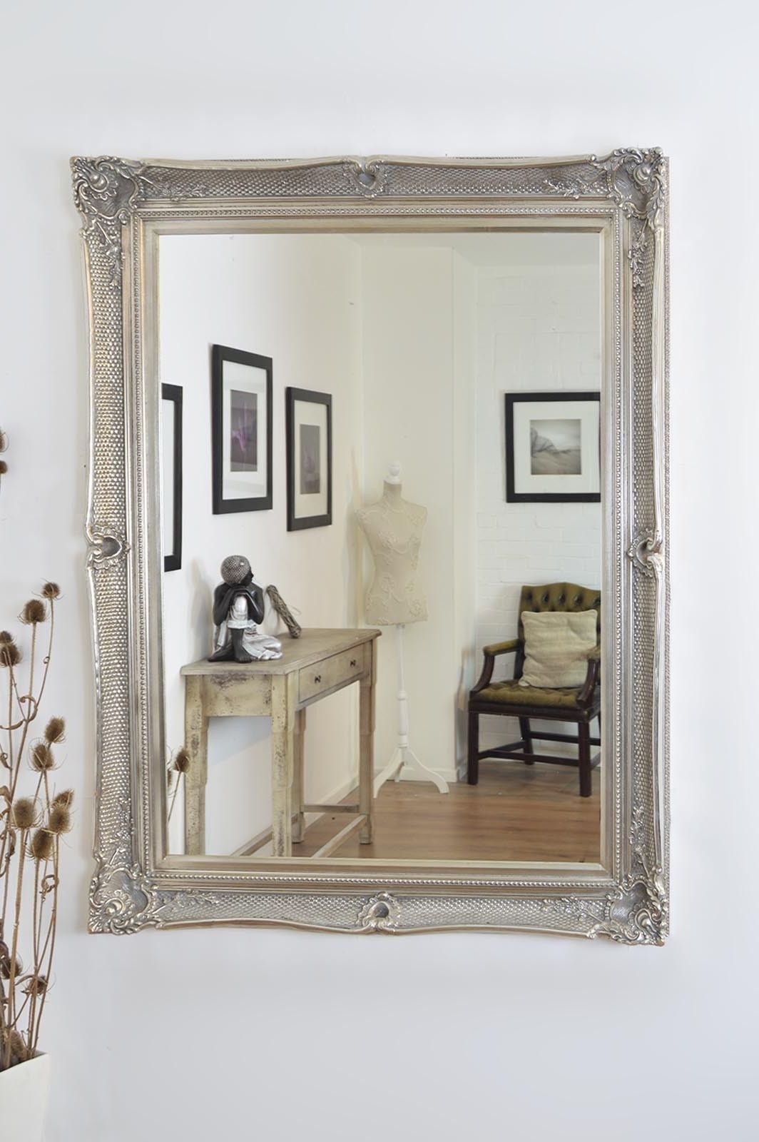 Latest Large Wall Mirrors Without Frame Within Large Silver Ornate Shabby Chic Wall Mirror 5ft X 4ft 149cm X 119cm (View 9 of 20)