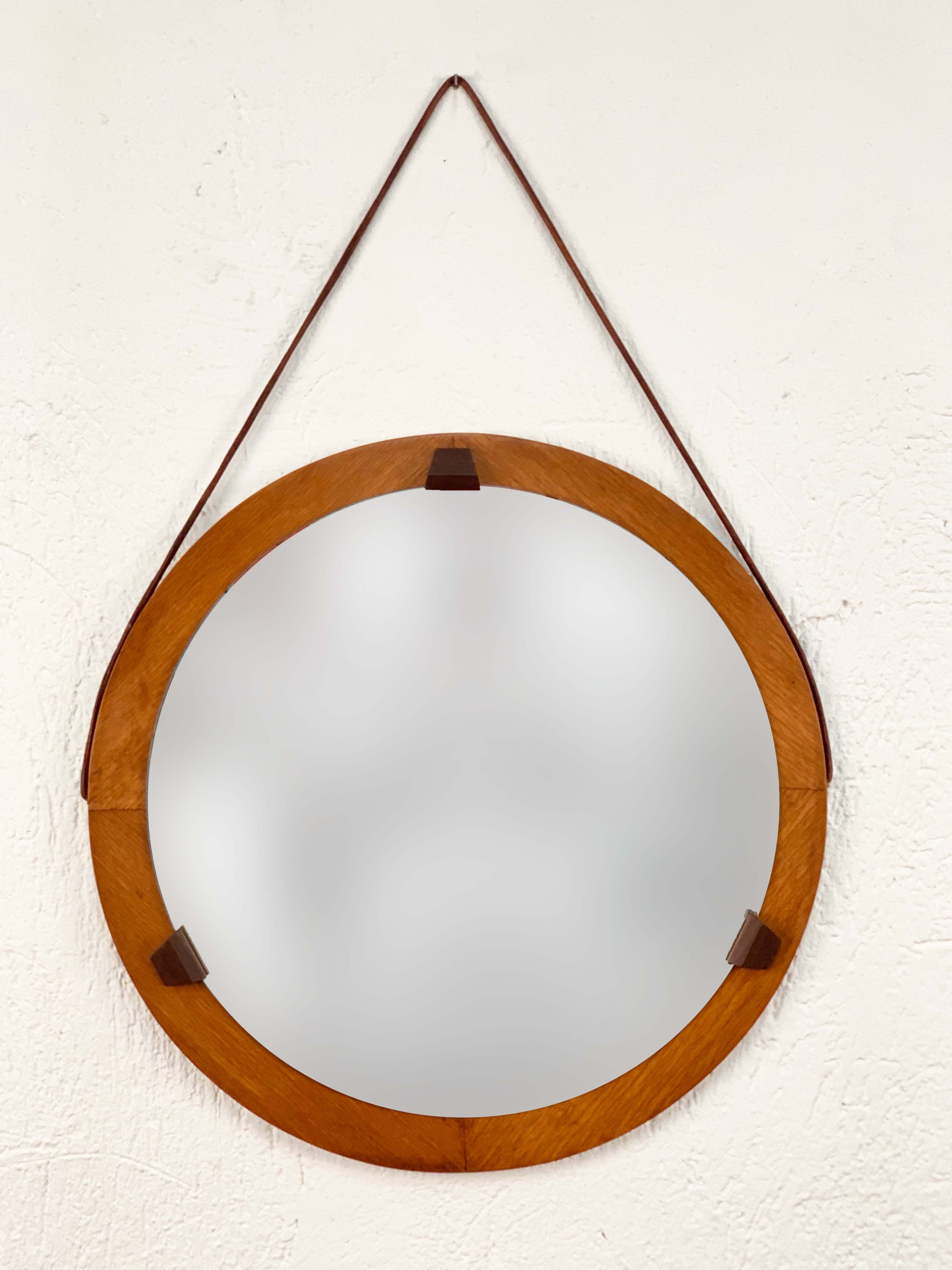 Leather Framed Wall Mirrors Throughout Most Current Round Teak Framed Mirror, Italian Wall Mirror And Leather, Italy, 1960s (View 12 of 20)