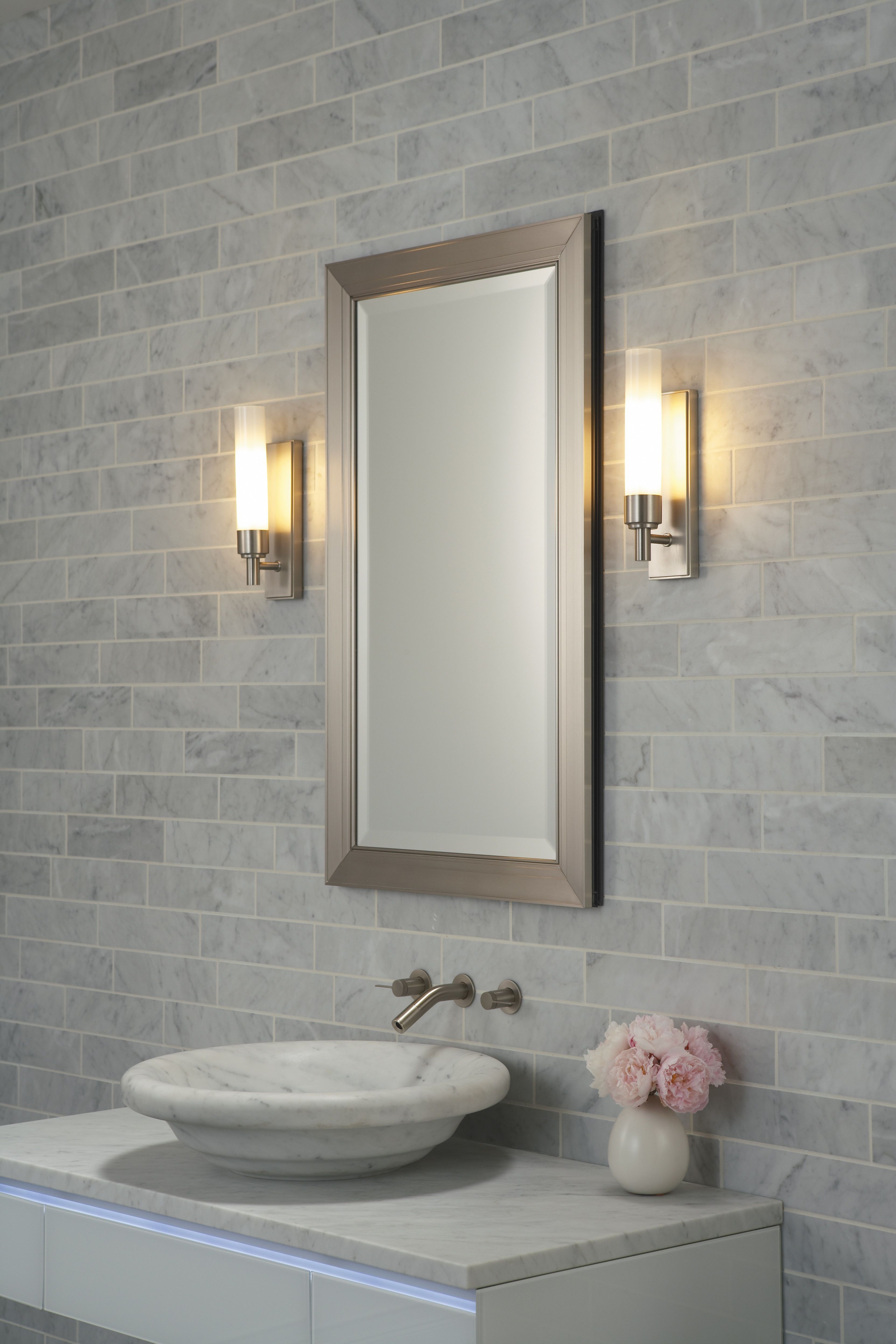 Lighting Ideas, Brushed Nickel Wall Sconcess Beside Of Metal Frame Regarding Well Liked Brushed Nickel Wall Mirrors For Bathroom (View 8 of 20)