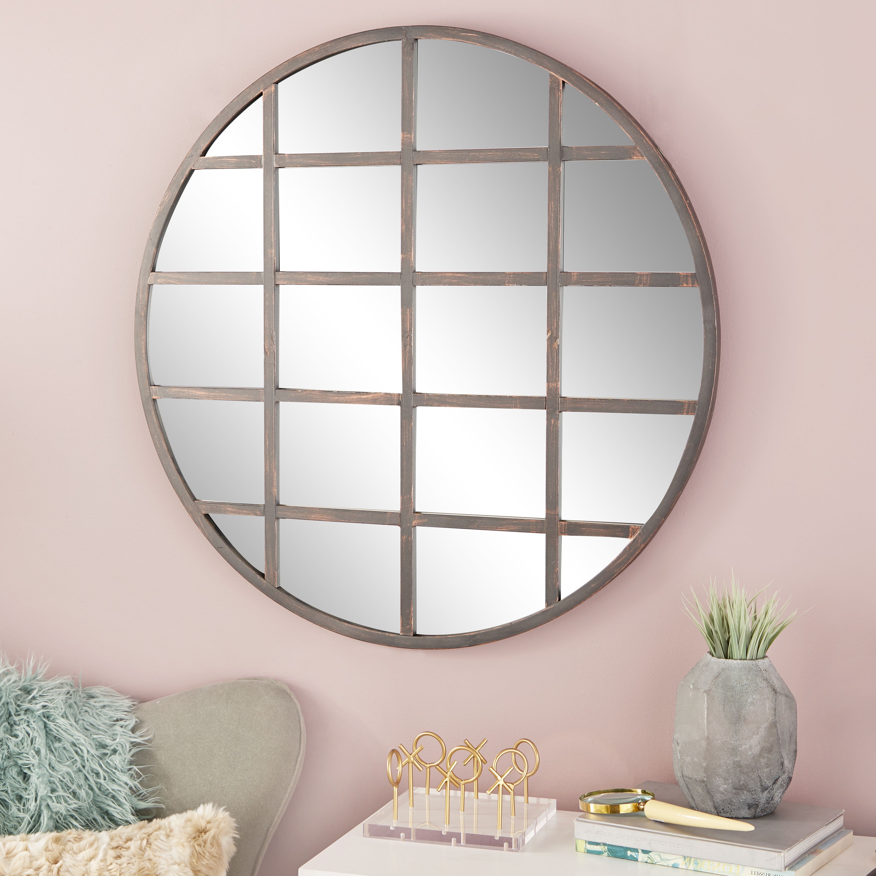 Most Current Cosmoliving Large Industrial Round Wall Mirror With Metal Grid Overlay (View 19 of 20)