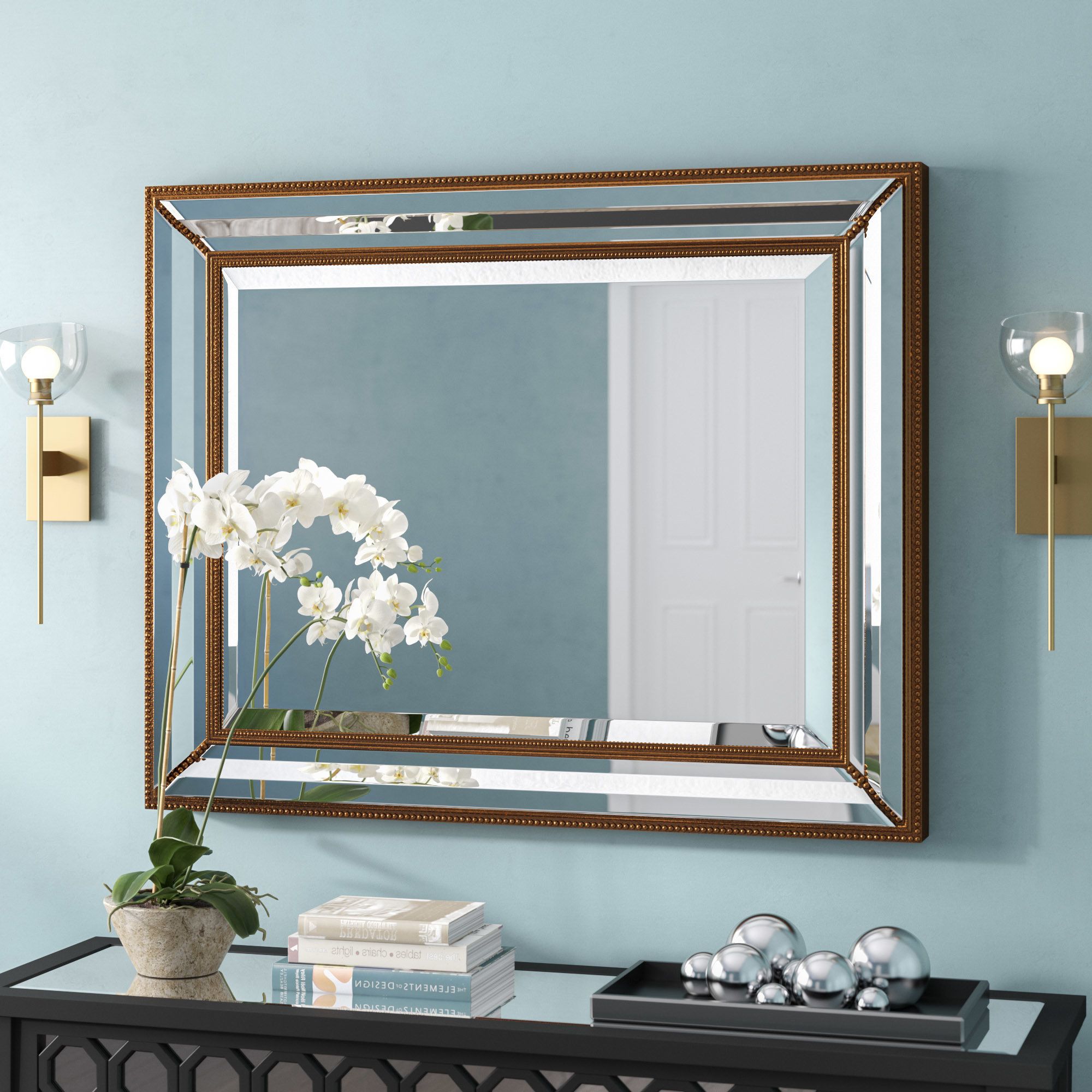Newest Living Room Wall Mirrors Within Rectangle Antique Bronze Wood Wall Mirror (View 4 of 20)