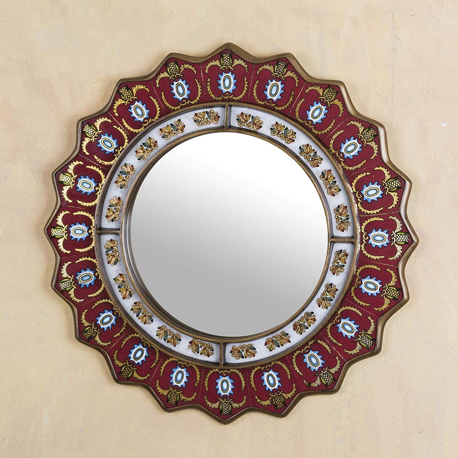 Novica Mi0006 Red Reverse Painted Glass Wood Framed Decorative Star Wall  Mirror From Peru 'ruby Medallion' (large) With Regard To Recent Large Red Wall Mirrors (View 7 of 20)