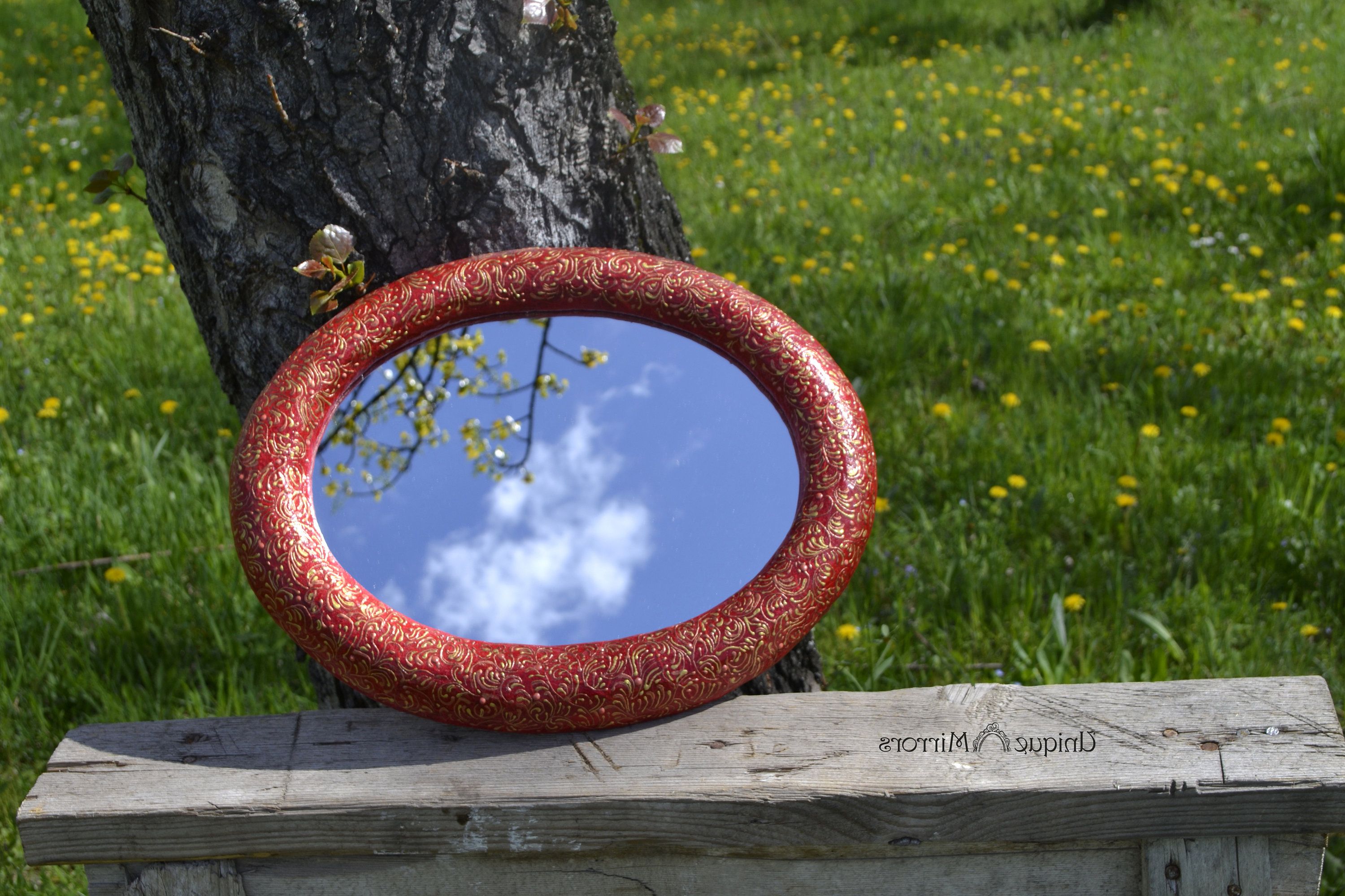 Red Oval Mirror, Paper Mache Painted Mirrors, Large Oval Mirrors,  Decorative Wall Mirror, Wedding Gift Ideas, Anniversary Gift, Wall Mirrors For 2019 Large Red Wall Mirrors (View 11 of 20)