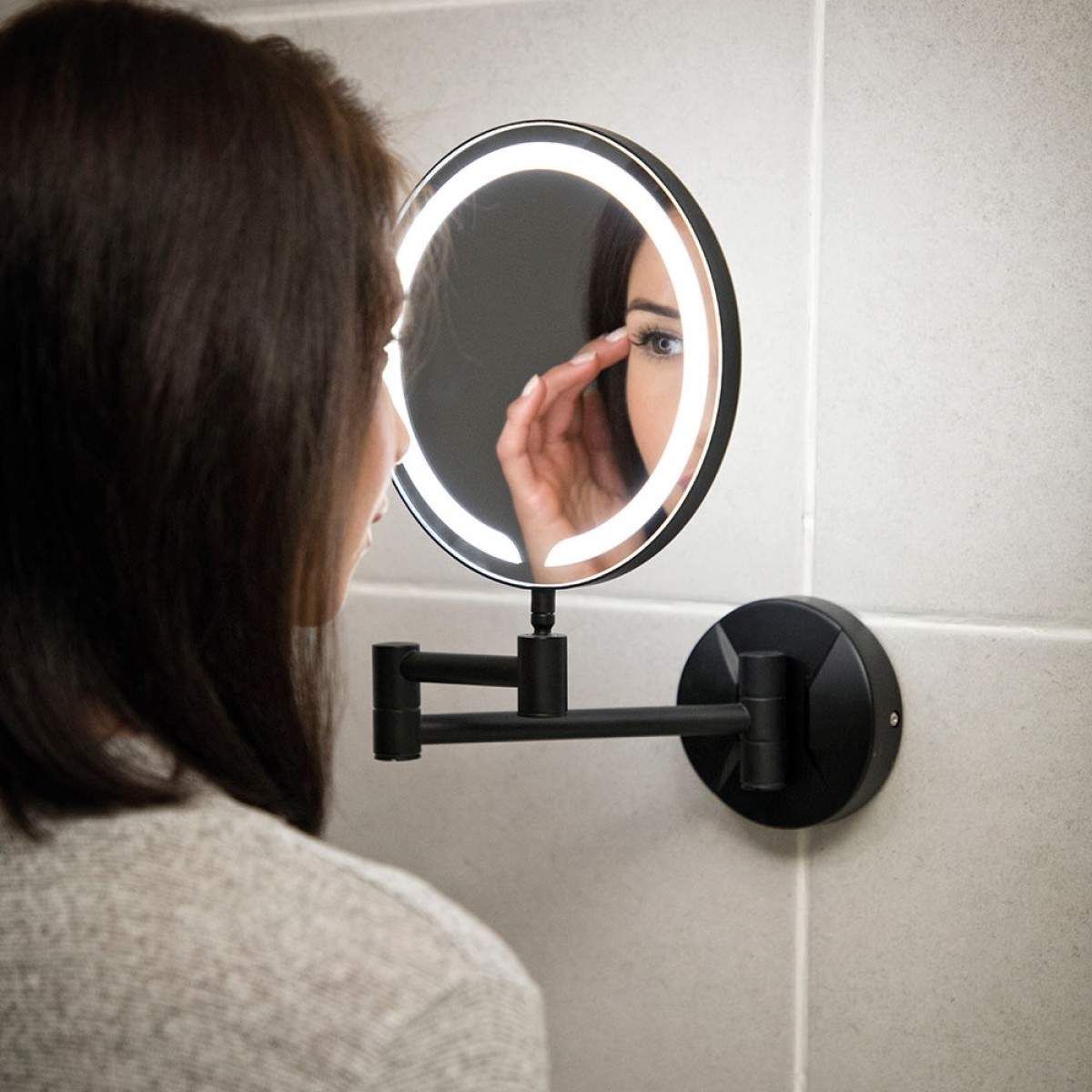 Trendy Magnified Wall Mirrors Regarding Vellamo Led Illuminated Matt Black Round Magnifying Wall Mirror (View 9 of 20)