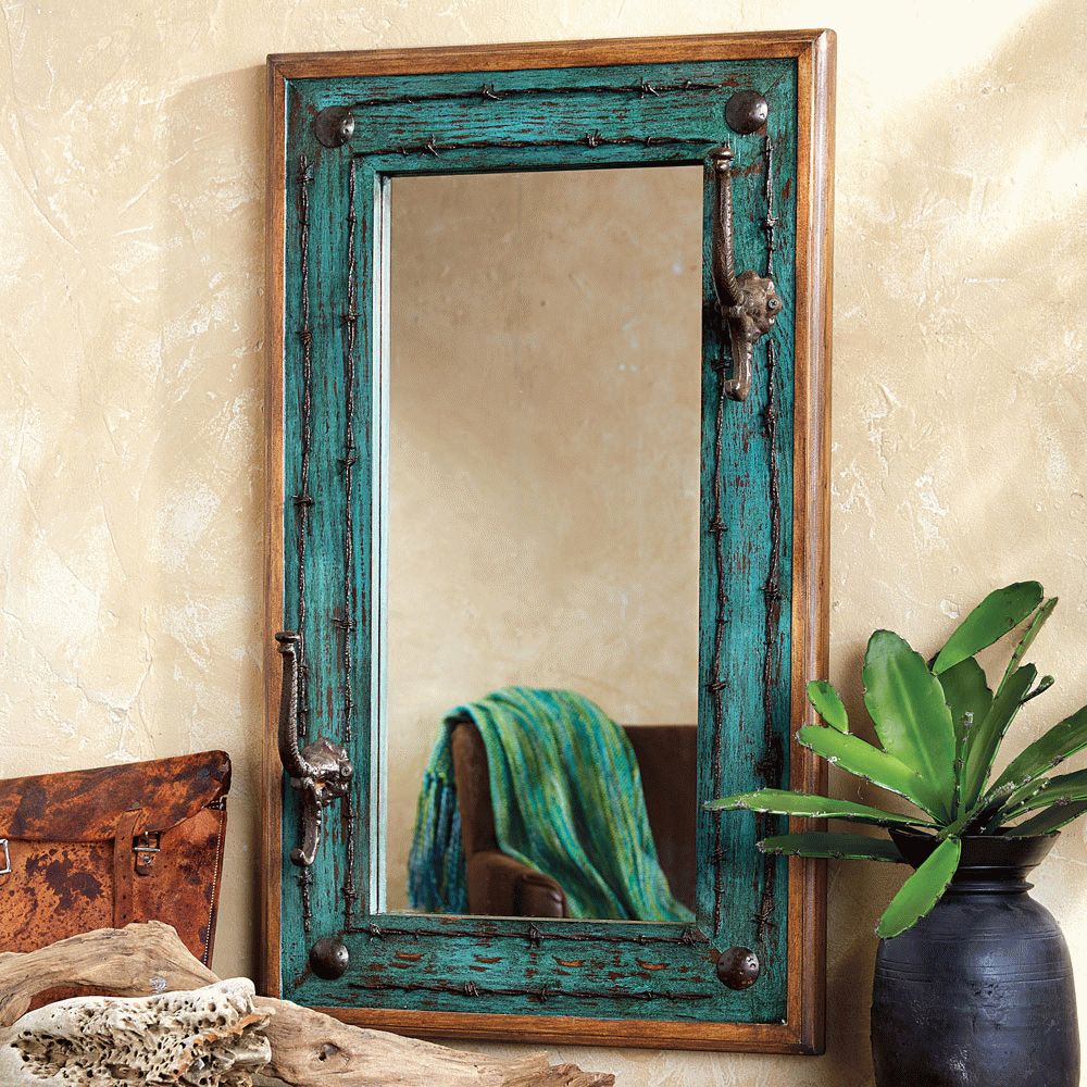 Turquoise Wall Mirrors For Latest Turquoise Old Ranch Mirror With Hooks (View 12 of 20)
