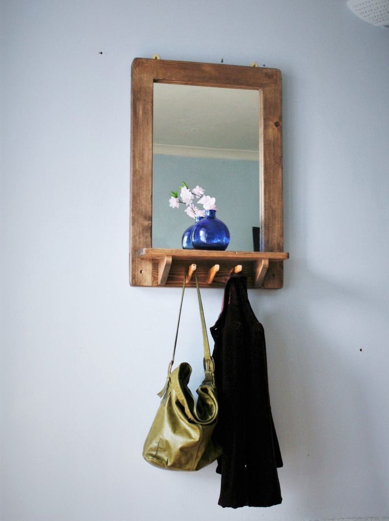 Wall Mirror With Coat Hooks In Most Popular Large Wall Mirror With Shelf & 3 Coat Hooks, Eco Wood Frame, Dark Wood  Mirror, Hall Mirror, Custom Handmade Modern Rustic Style Somerset Uk (View 2 of 20)