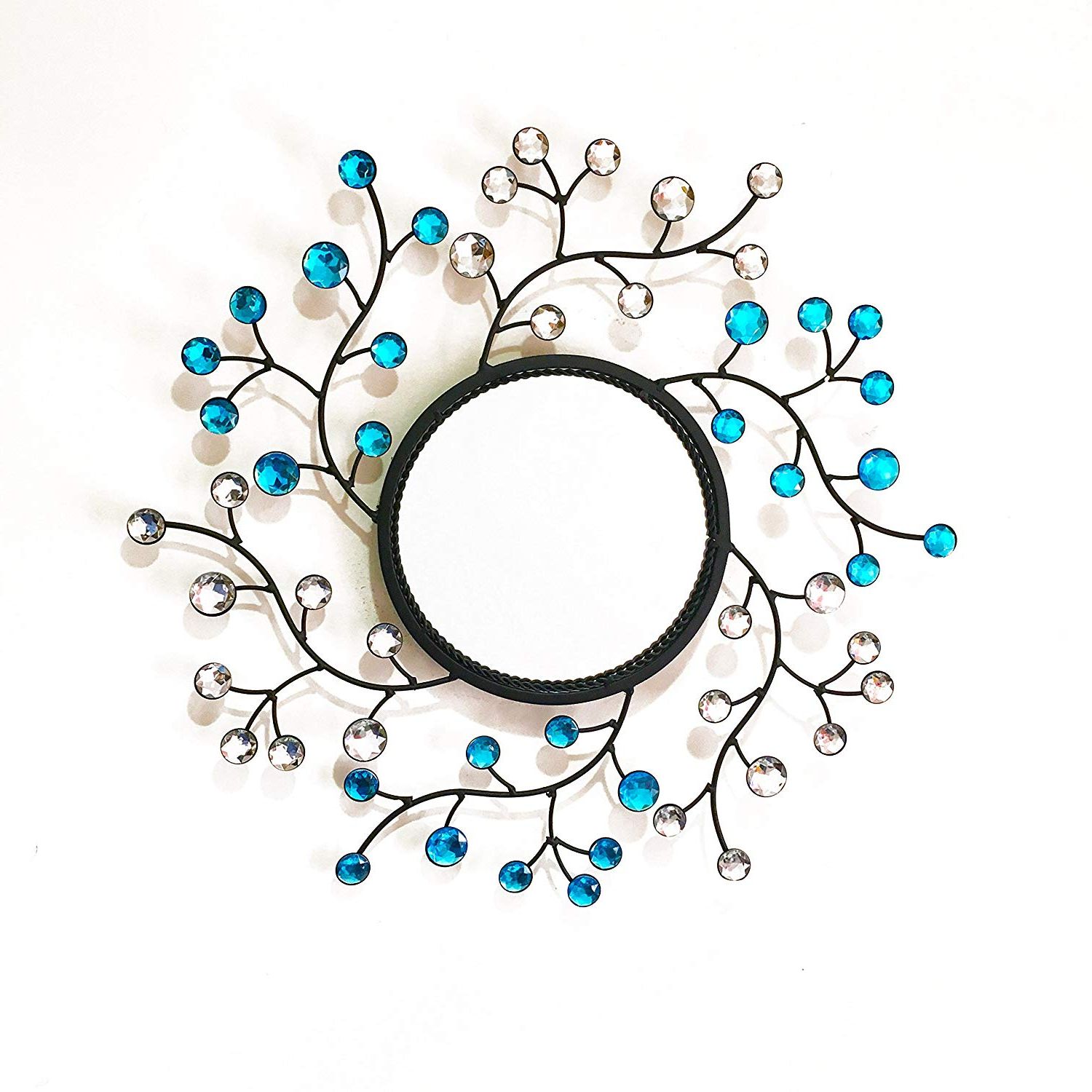 Wall Mirrors With Crystals Intended For Latest Metal Wall Mirror Leaf Shaped Diamond Accents Blue Crystals Flower  Decorative Hotel Mirror Bathroom Wall Mirror 20''inch (View 17 of 20)