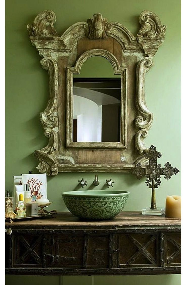 Well Known A Bathroom Design That Features An Antique Olive Green Wall Intended For Green Wall Mirrors (View 19 of 20)