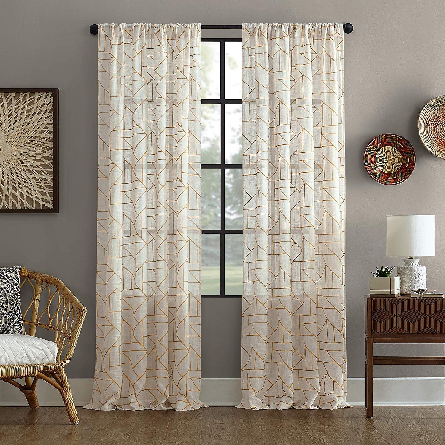 2021 Archaeo Jigsaw Embroidery Linen Blend Curtain, 50" X 84", Gold Within Archaeo Jigsaw Embroidery Linen Blend Curtain Panels (View 1 of 20)
