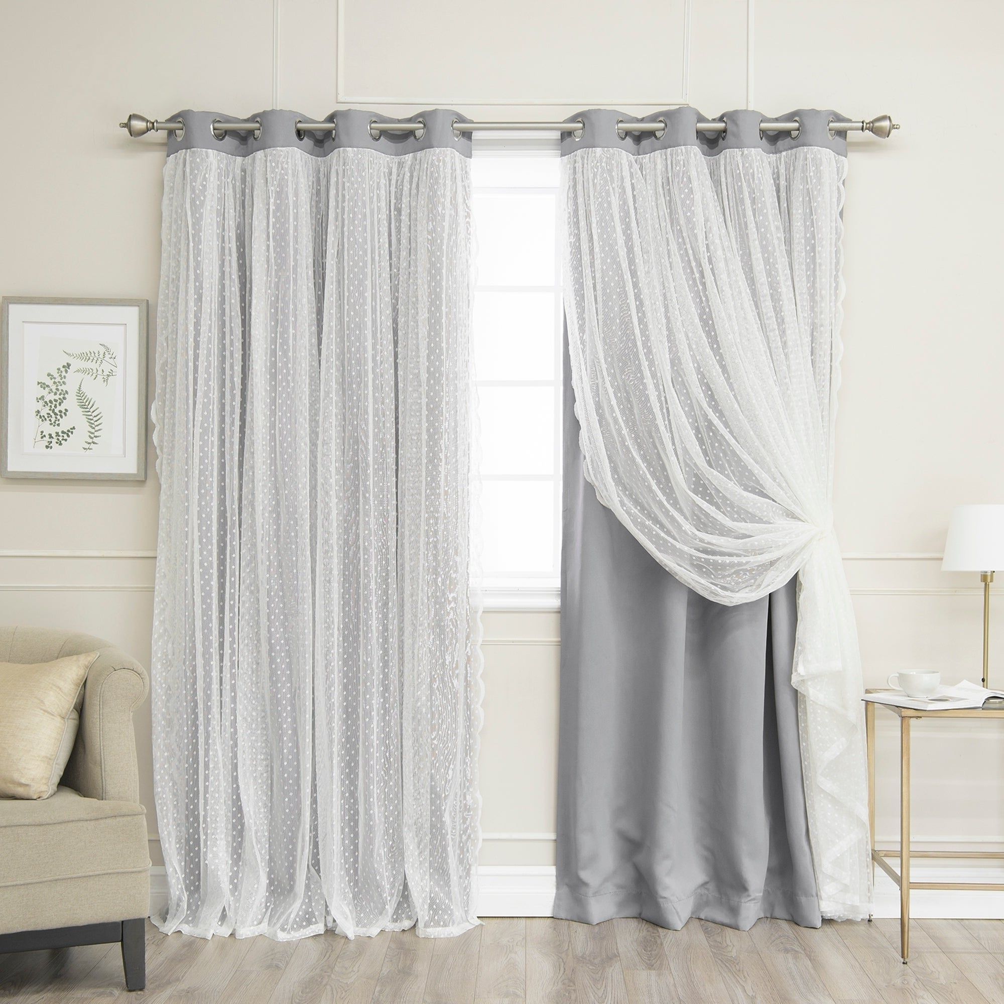 Most Recent Bethany Sheer Overlay Blackout Window Curtains Regarding Aurora Home Dotted Lace Overlay Blackout Curtain Panel Pair (View 13 of 20)
