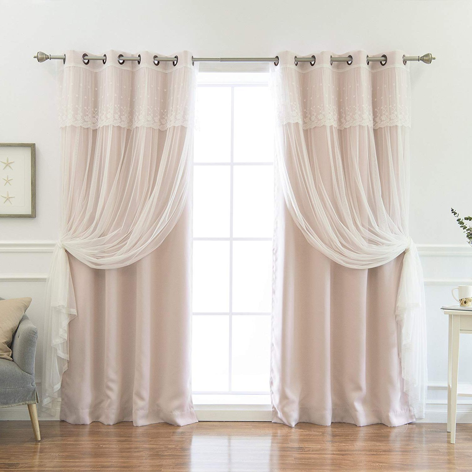 Tulle Sheer With Attached Valance And Blackout 4 Piece Curtain Panel Pairs Intended For Fashionable Best Home Fashion Mix & Match Tulle Sheer With Attached Valance & Solid  Blackout Curtain Set – Stainless Steel Nickel Grommet Top – Dusty Pink –  52"w (View 16 of 20)