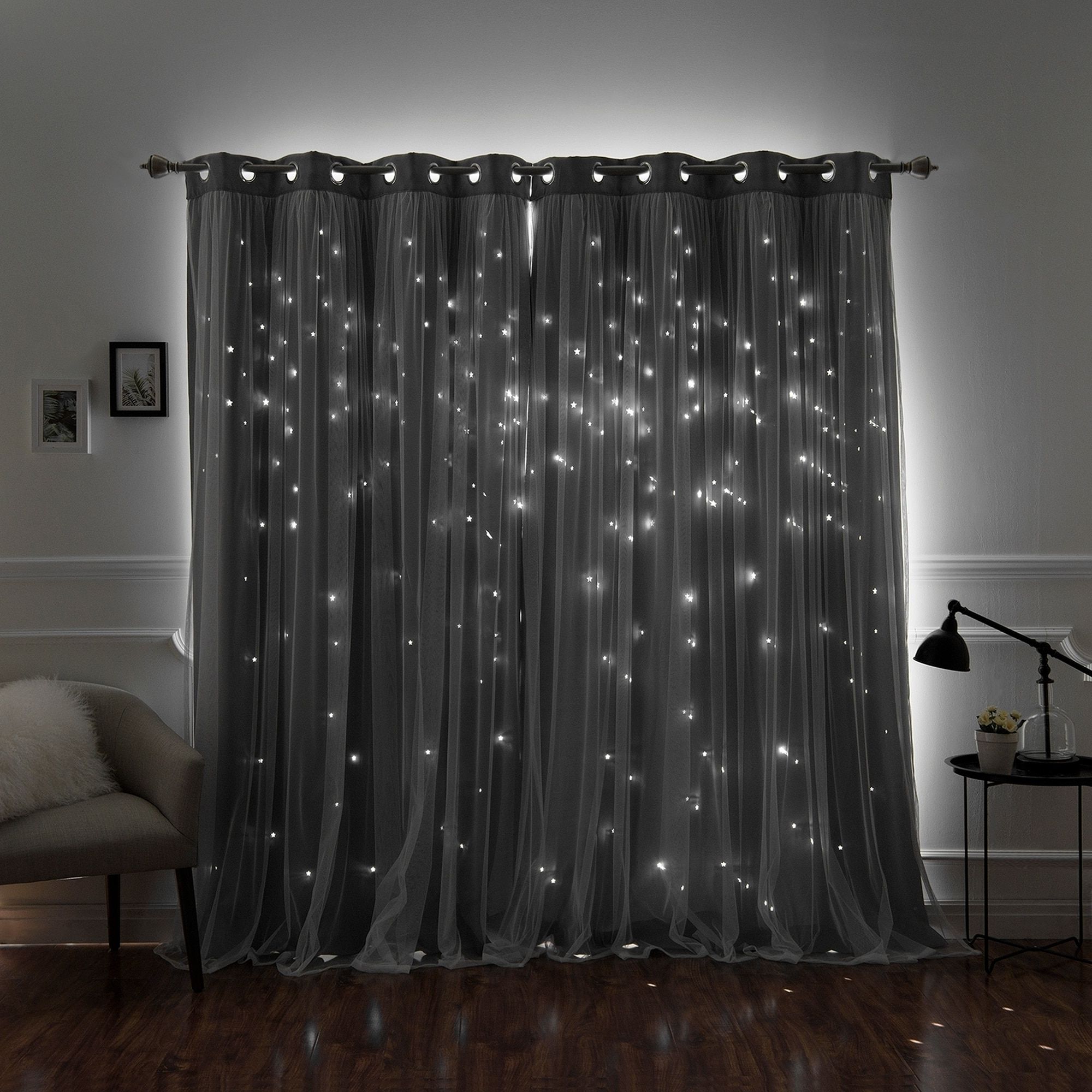 20 Collection of Star Punch Tulle Overlay Blackout Curtain Panel Pairs