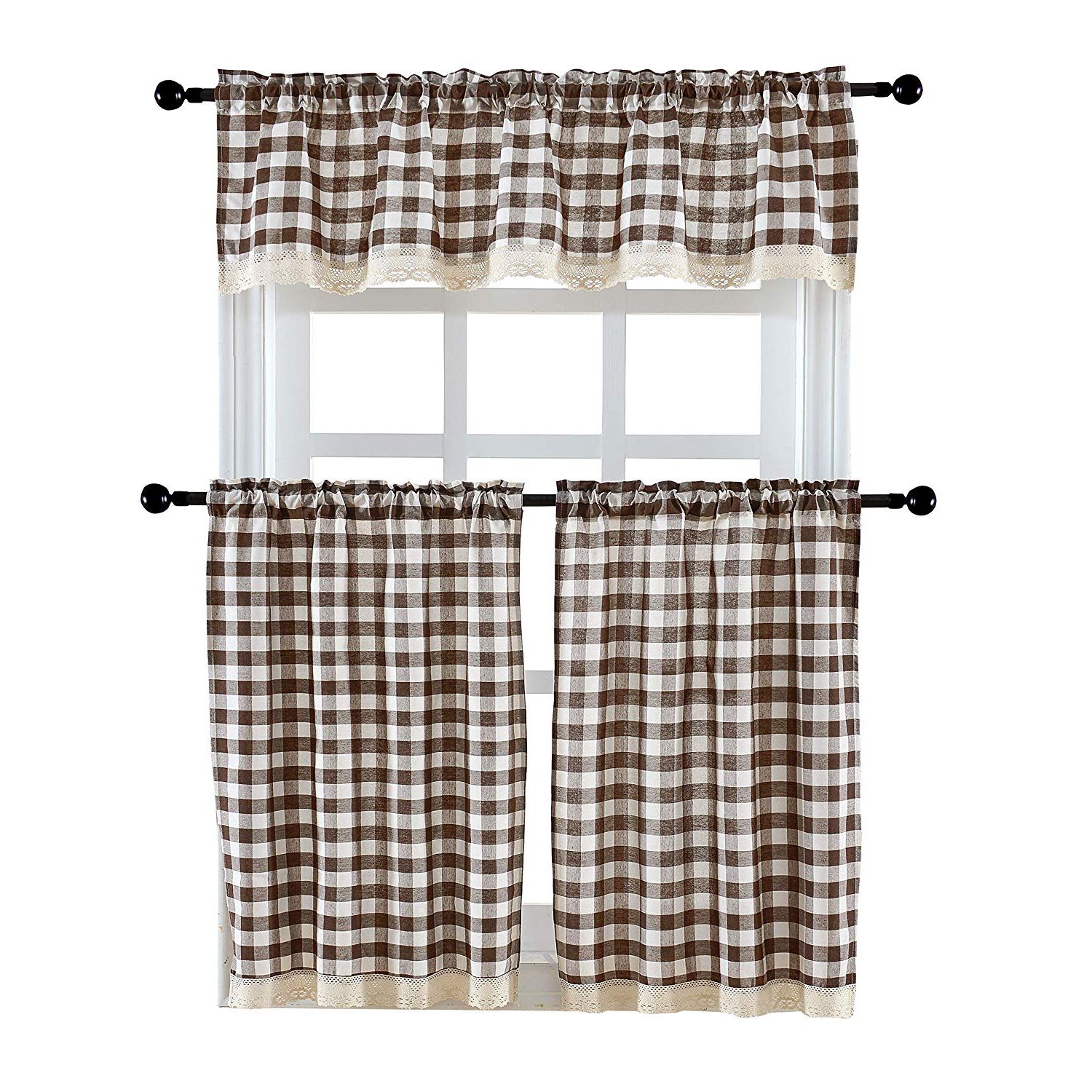 3 Pieces Kitchen Curtain Tier And Valance Set Checkered Pertaining To Current Cotton Blend Grey Kitchen Curtain Tiers (View 15 of 20)